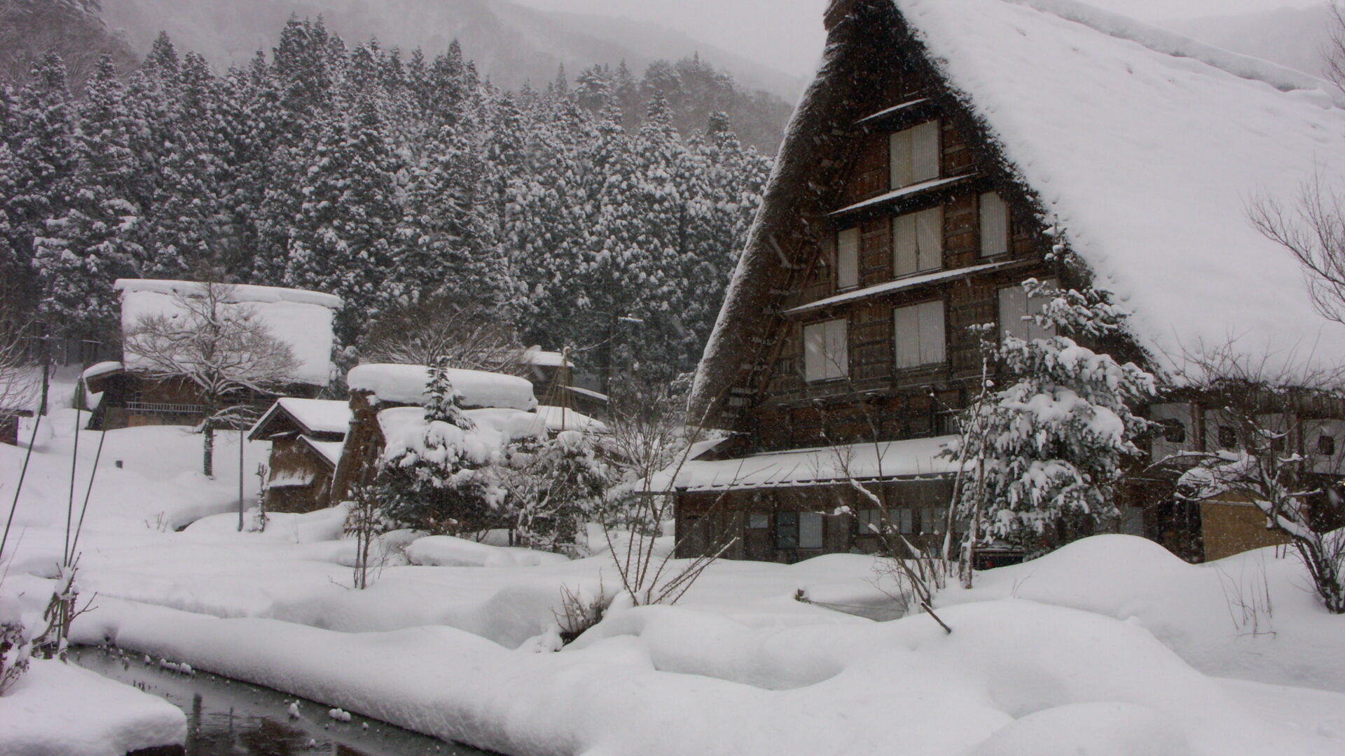 Traditional gasshō-style houses in Shirakawa-go surrounded by deep snow during a winter storm, with heavy snowfall softening the landscape.