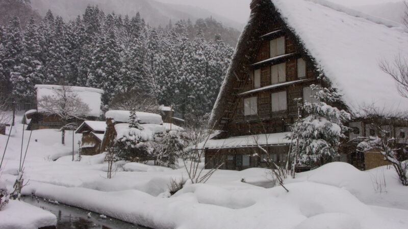 Traditional gasshō-style houses in Shirakawa-go surrounded by deep snow during a winter storm, with heavy snowfall softening the landscape.