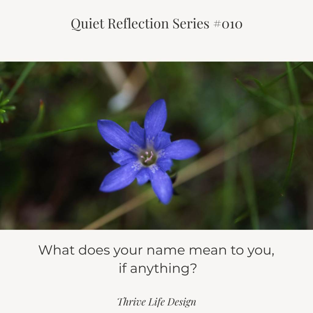 Bright blue flower in full bloom with soft light and gentle background blur. Overlaid text reads “Quiet Reflection Series #010” and “What does your name mean to you, if anything?" Thrive Life Design