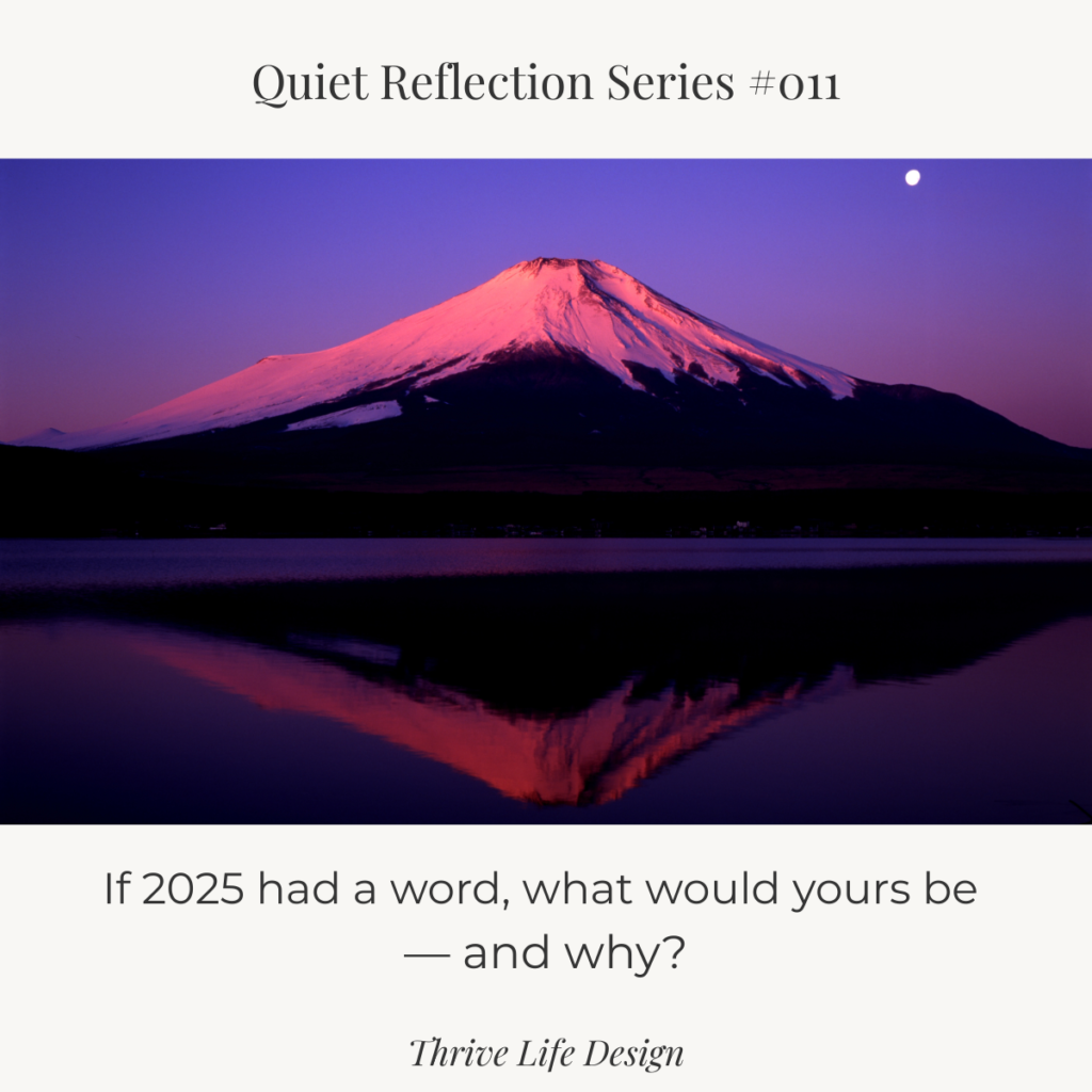 Dark winter scene of Mount Fuji under a night sky, reflected clearly on a still lake. A soft moonlight appears above the mountain. Text on the image reads: “Quiet Reflection Series #011. If 2025 had a word, what would yours be — and why? Thrive Life Design.”