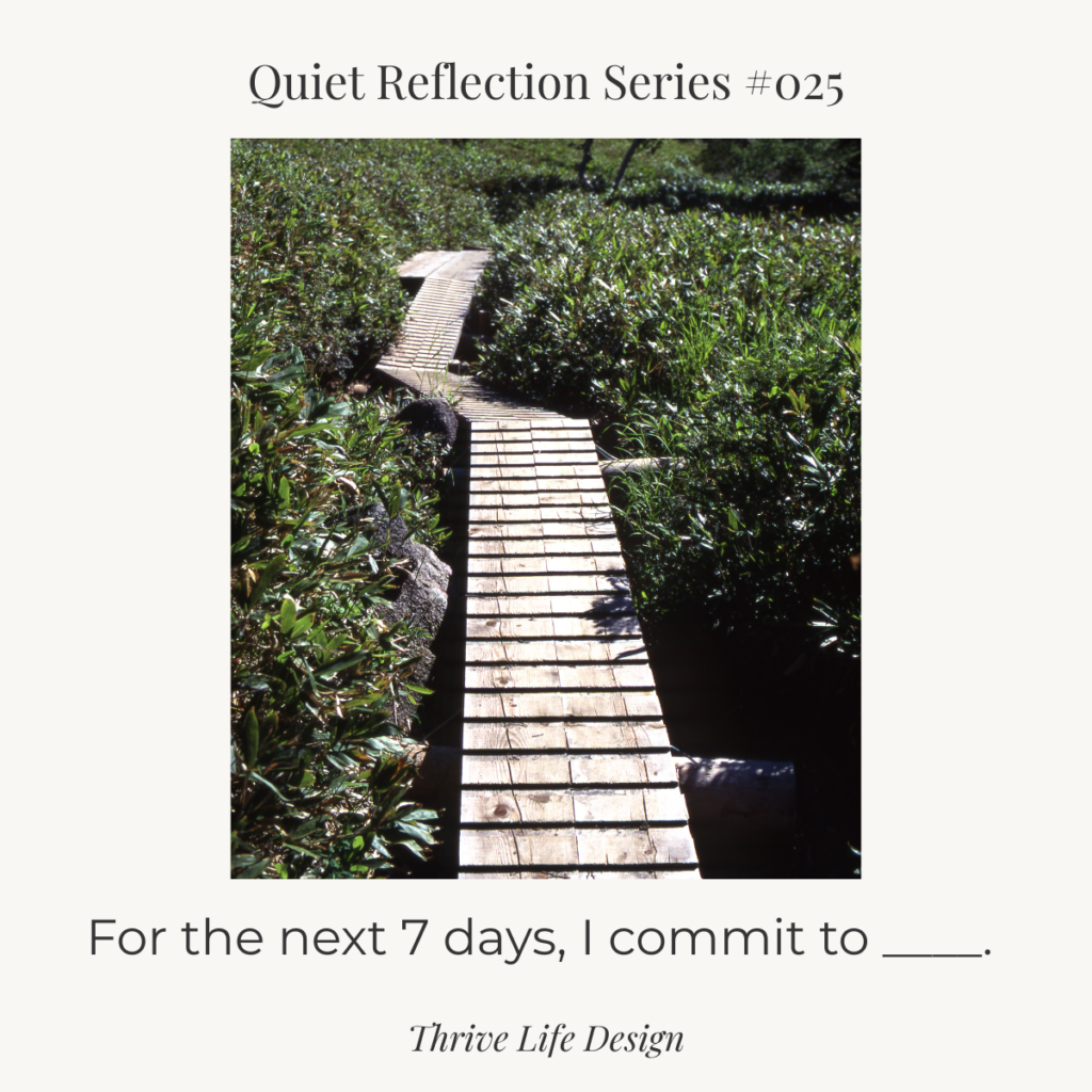 Quiet Reflection Series #25. Text reads, “For the next seven days, I commit to.” Center image shows a rustic wooden path through nature, suggesting calm focus, direction, and steady progress.