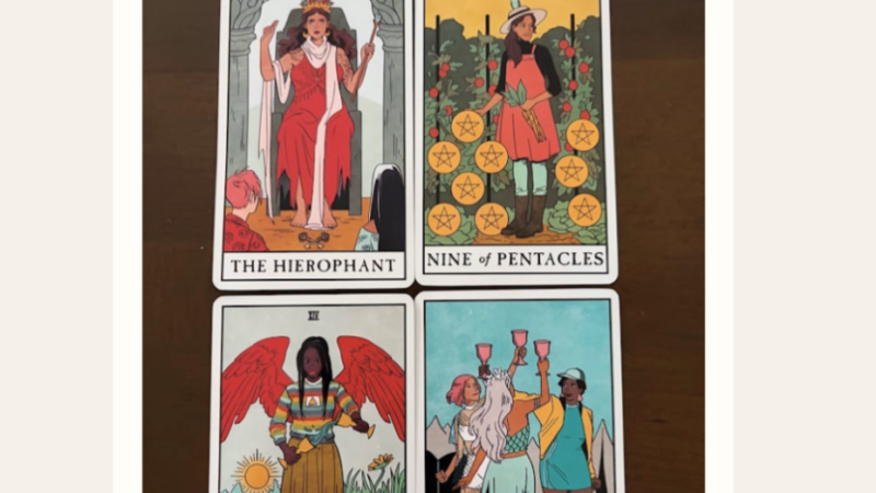 July Tarot Message graphic with four tarot cards from the Modern Witch Tarot Deck by Lisa Sterle: The Hierophant, Nine of Pentacles, Temperance, and Three of Cups.