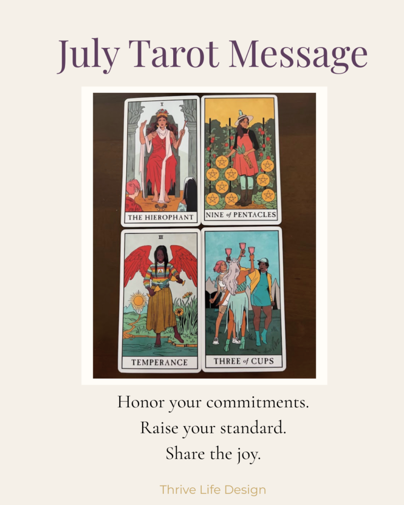 July Tarot Message graphic with four tarot cards from the Modern Witch Tarot Deck by Lisa Sterle: The Hierophant, Nine of Pentacles, Temperance, and Three of Cups. Text reads: “Honor your commitments. Raise your standard. Share the joy.”