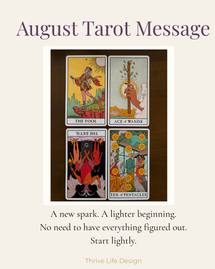 August Tarot Message featuring four tarot cards: The Fool, Ace of Wands, The Devil reversed, and Ten of Pentacles. The message reads: “A new spark. A lighter beginning. No need to have everything figured out. Start lightly.” Thrive Life Design.