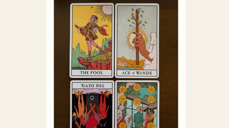 August Tarot Message featuring four tarot cards: The Fool, Ace of Wands, The Devil reversed, and Ten of Pentacles.